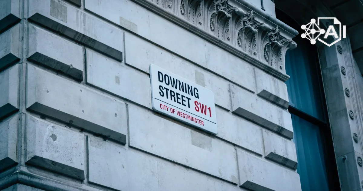 Street sign reading Downing Street SW1, City of Westminster, fixed to a grey stone wall beside a tall window