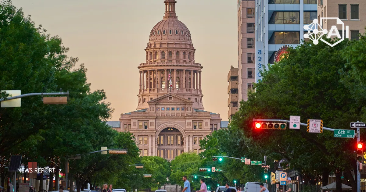 The Texas State Capitol in Austin seen from Congress Avenue at dusk