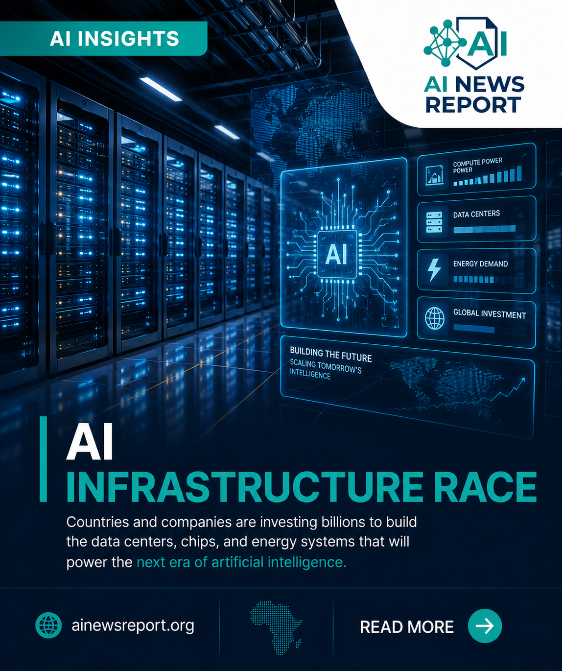 AI data center with glowing servers, an AI chip dashboard, and the headline “AI Infrastructure Race.”