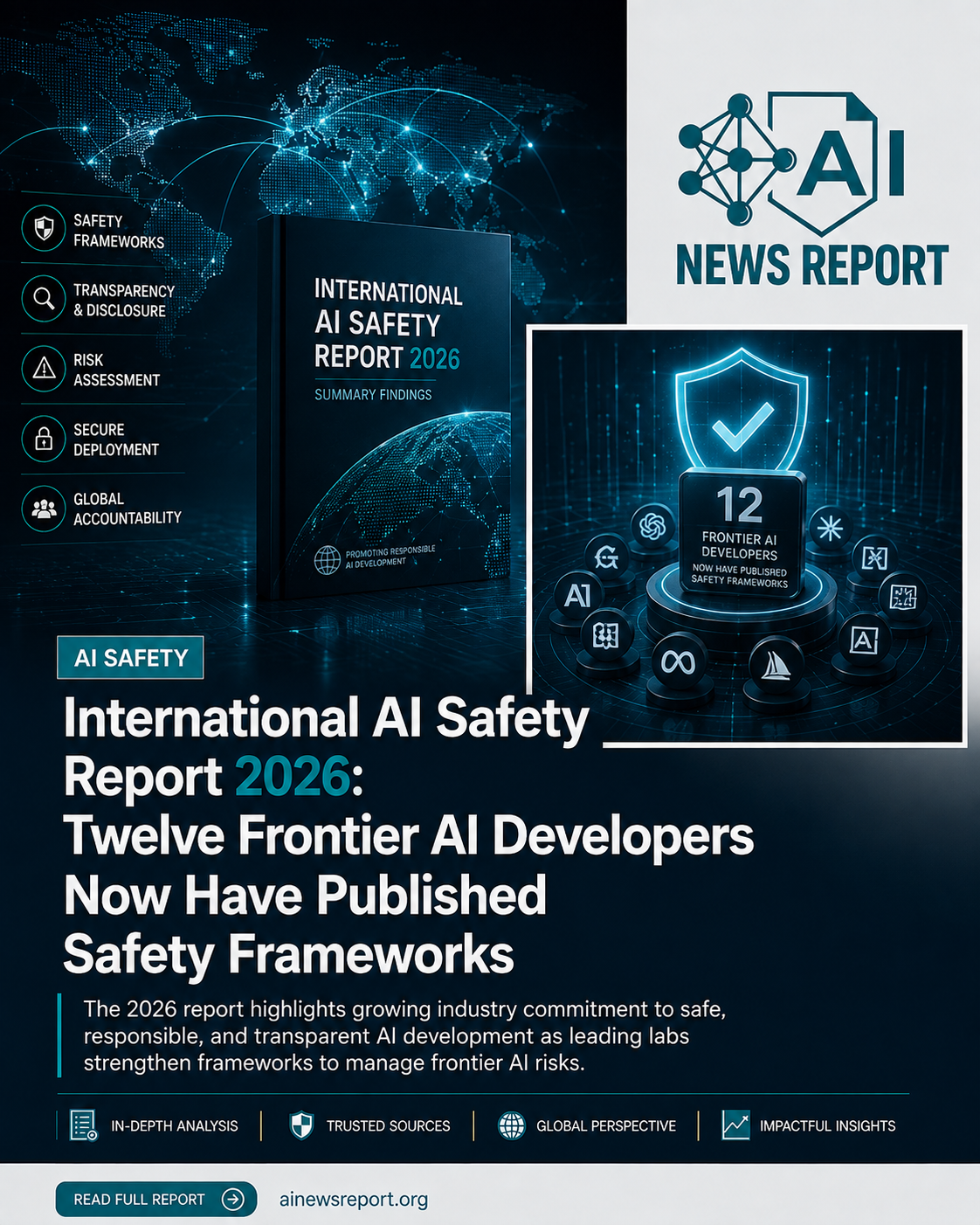 AI News Report graphic featuring the International AI Safety Report 2026 and twelve frontier AI developers with published safety frameworks.