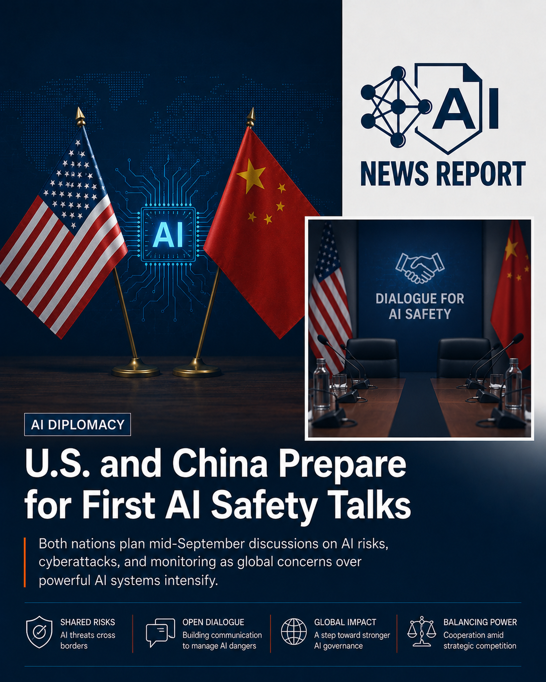 AI News Report graphic showing U.S. and Chinese flags beside an AI chip, representing planned U.S.-China AI safety talks on cybersecurity, AI risks, and global AI governance.