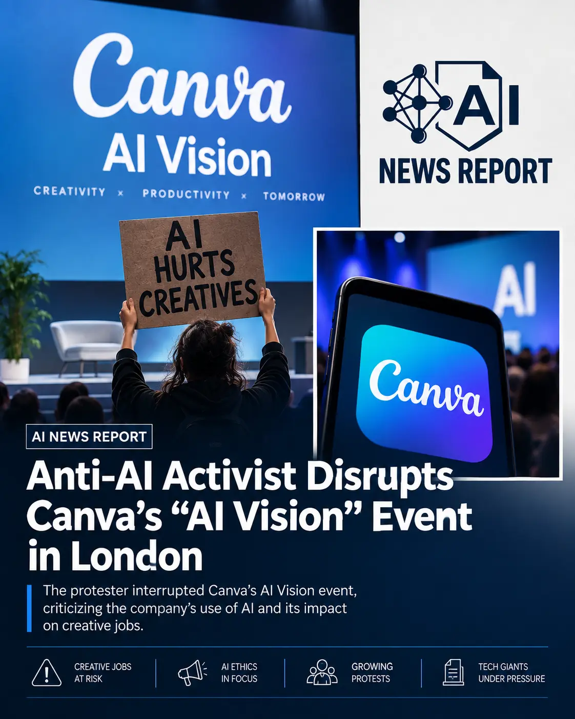 Anti-AI activist disrupts Canva’s “AI Vision” event in London, highlighting concerns about AI’s impact on creative jobs.