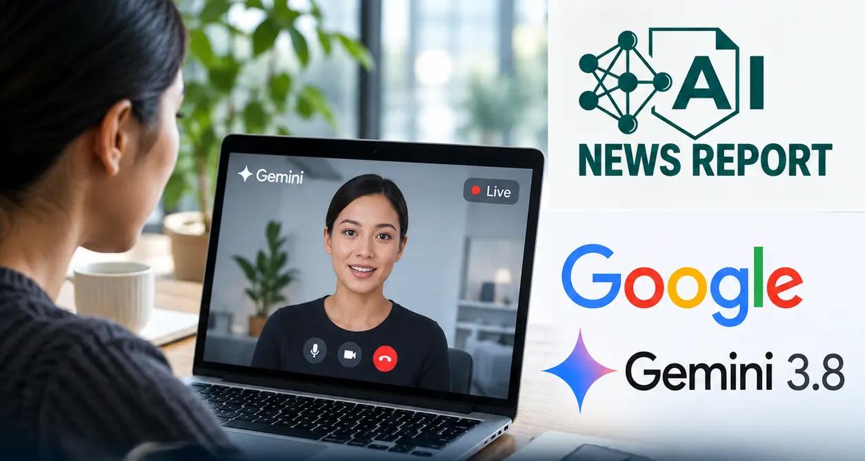 Google Gemini Live with a video avatar shown in a real-time AI interaction on a laptop.
