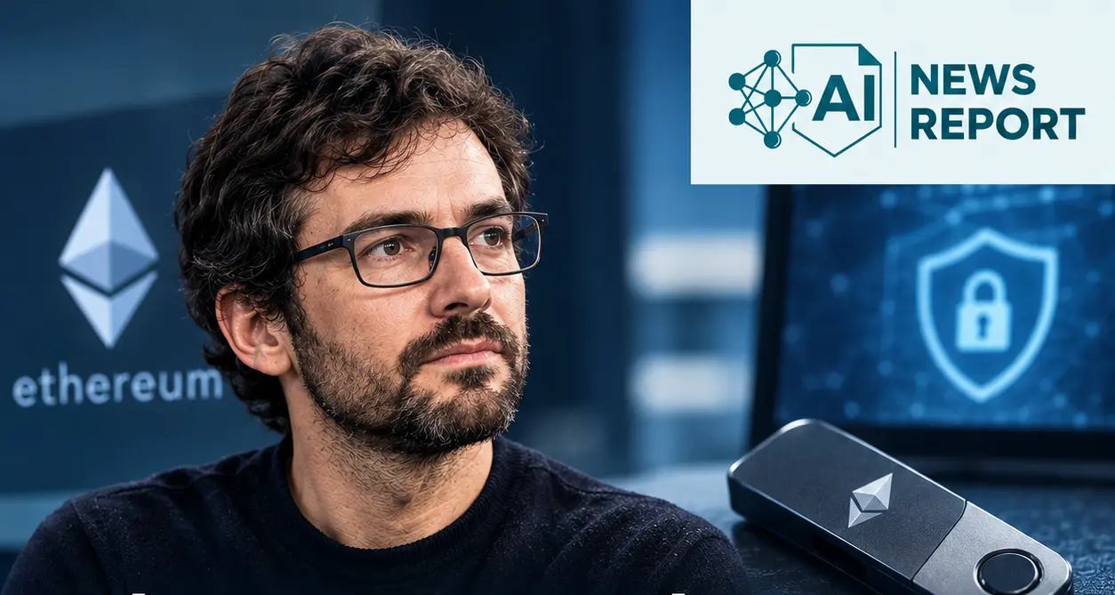 Ethereum researcher pictured beside a hardware wallet and security warning as the graphic highlights calls for “Bunker Mode” amid AI-related wallet security concerns.