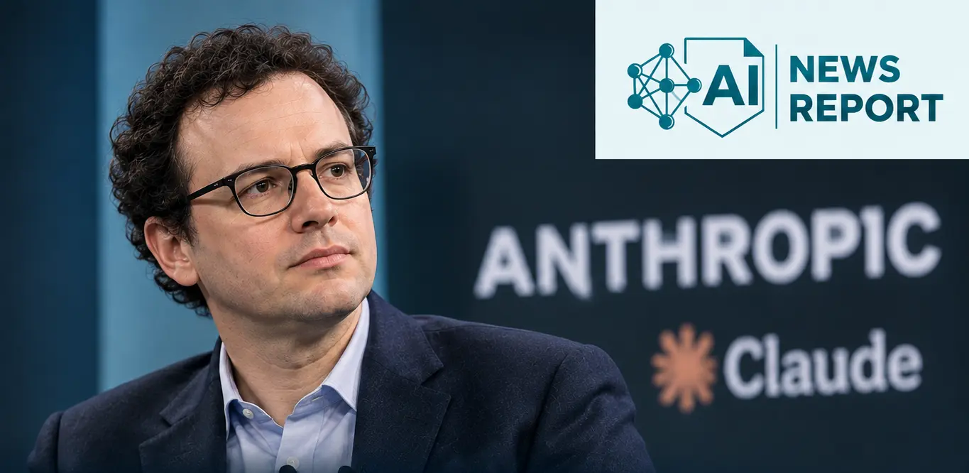 AI News Report graphic featuring Anthropic CEO Dario Amodei alongside the headline about the ban on sustained cruelty toward Claude.